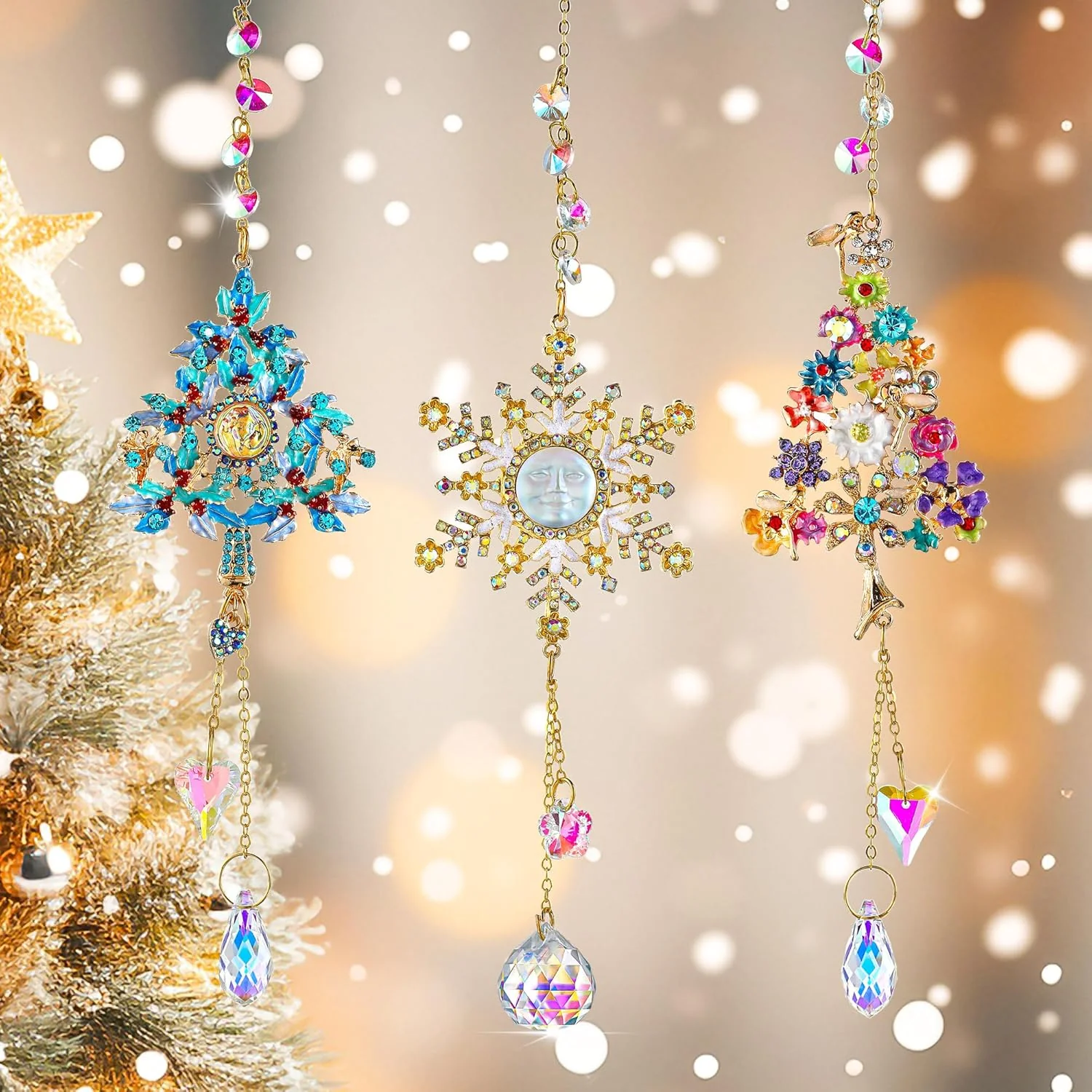 3pcs Christmas Tree Sun Catcher Crystal Christmas 