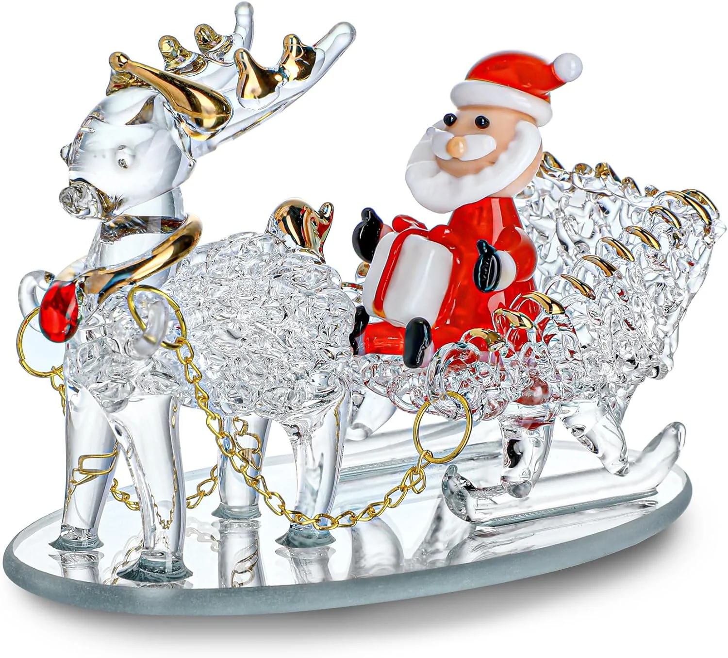Blown Glass Santa Sleigh Figurines, Handmade Chris