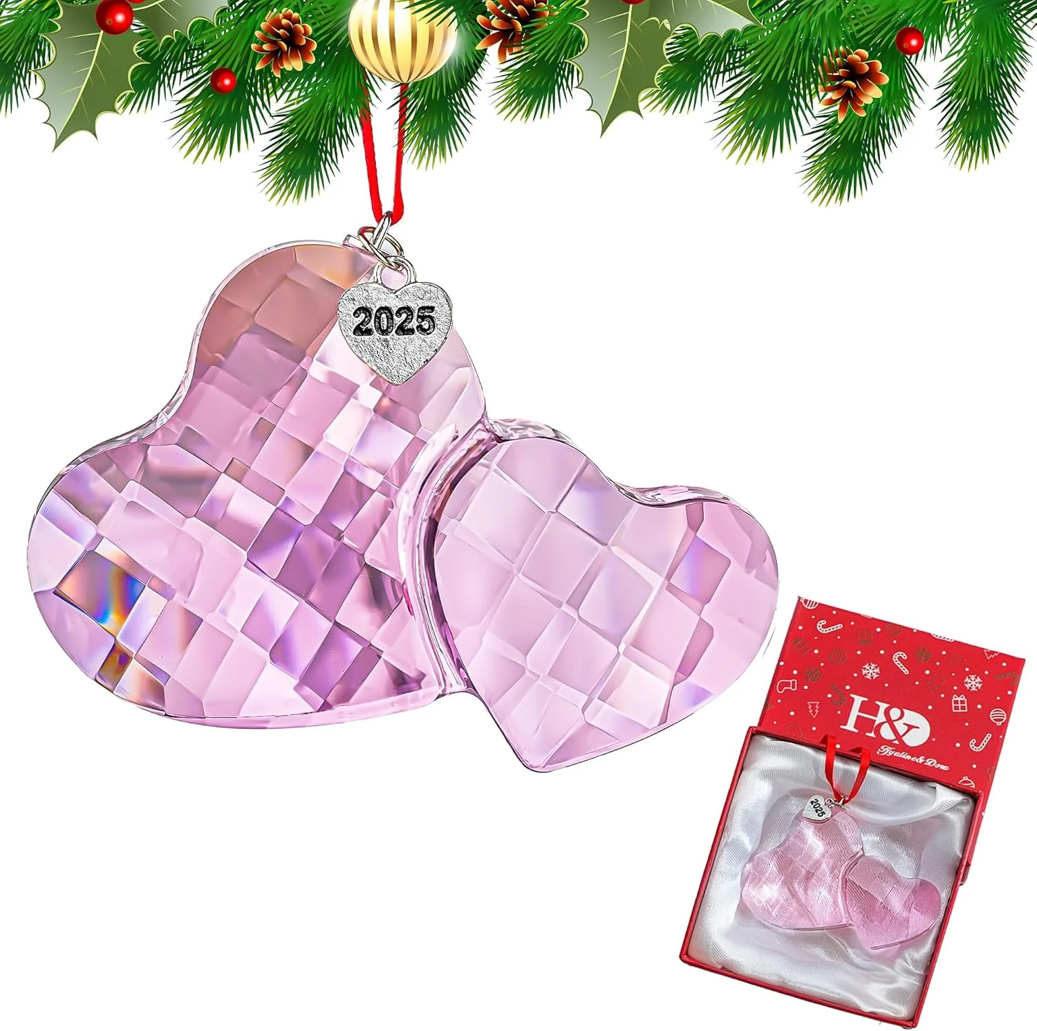 Pink Double Heart Ornaments Crystal Christmas Orna