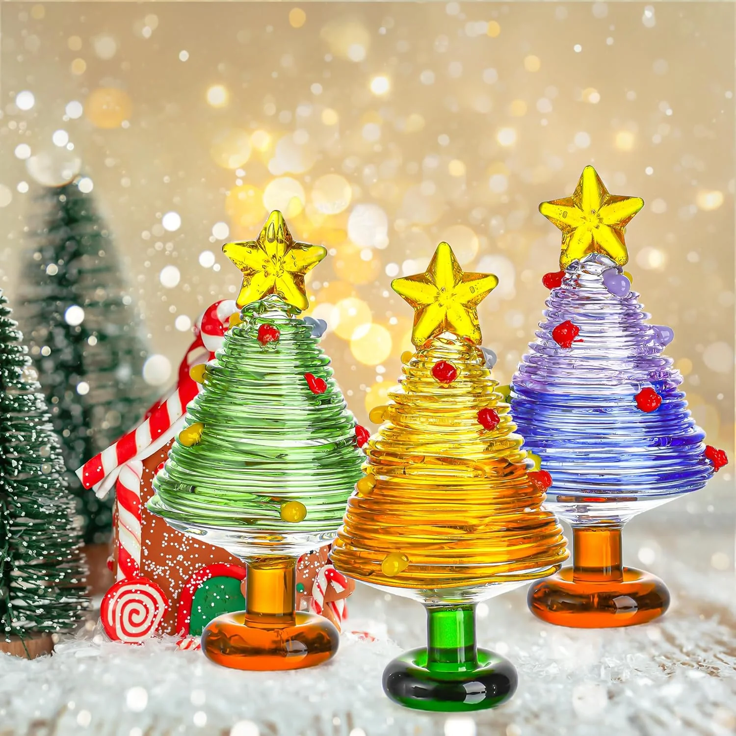 Set of 3, 3 Inch Blown Glass Christmas Tree Mini H
