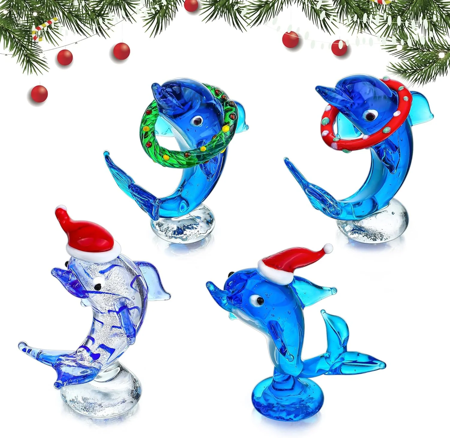 Set of 4 Blown Glass Dolphins Figurines with Hat C