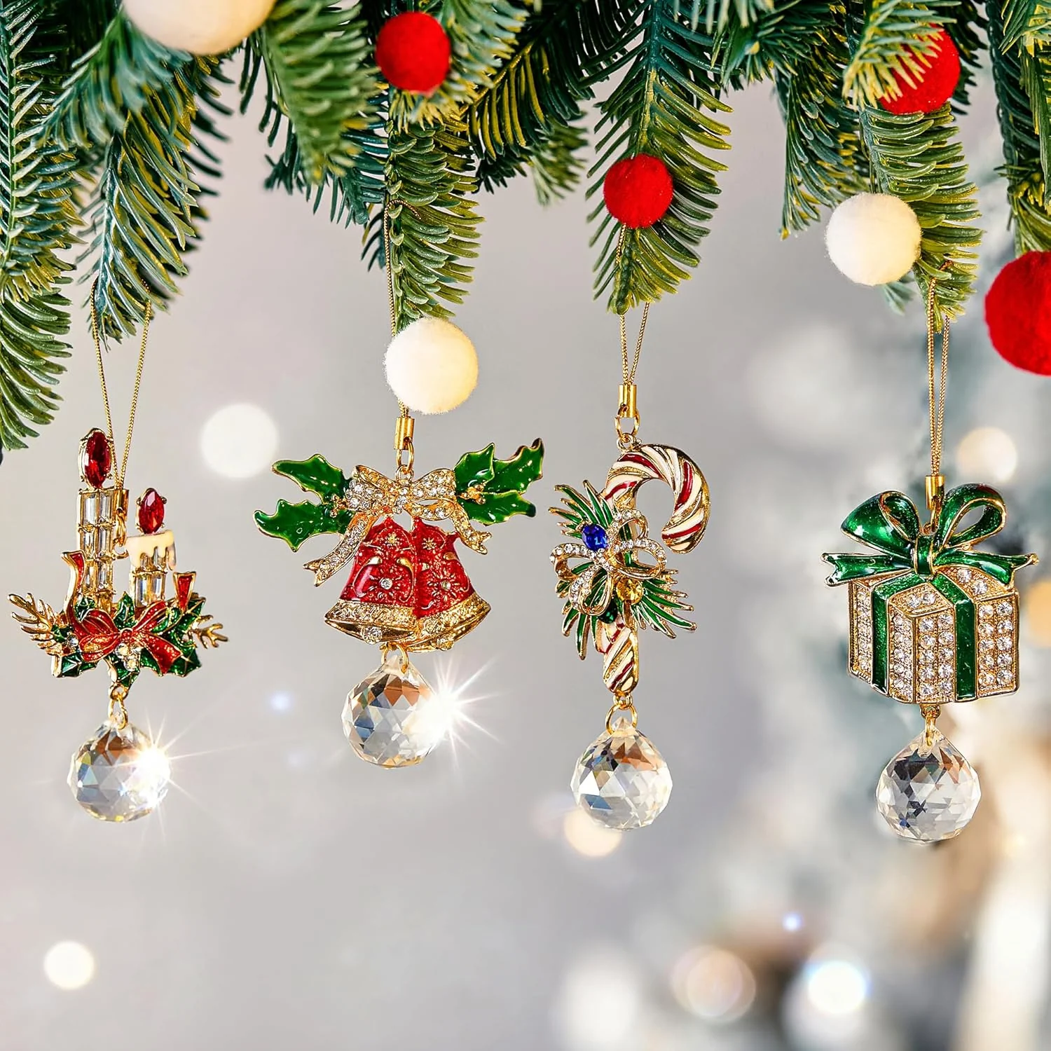 Set of 4 Christmas Sun Catcher with Crystals Cane/